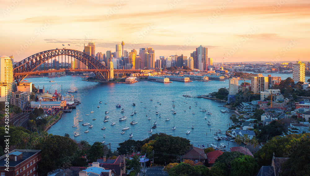 Naklejka premium Panorama portu i mostu w Sydney w mieście Sydney