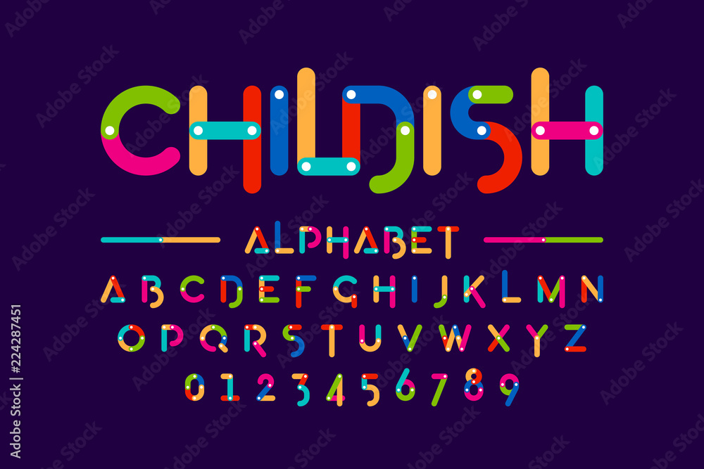 Childish colorful font, construction set alphabet letters and numbers - obrazy, fototapety, plakaty 