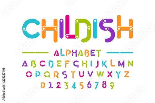 Childish colorful font, construction set alphabet letters and numbers