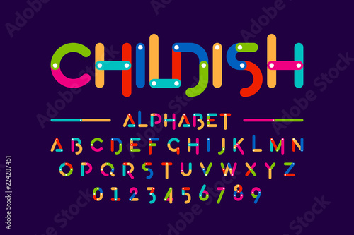 Childish colorful font, construction set alphabet letters and numbers
