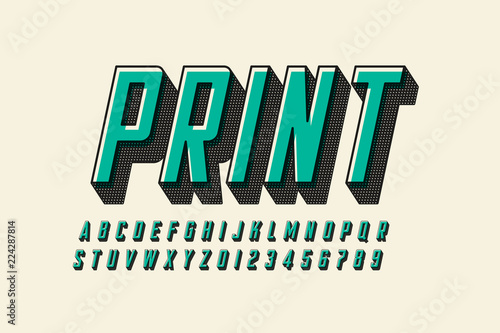 Offset print style modern font design, alphabet letters and numbers