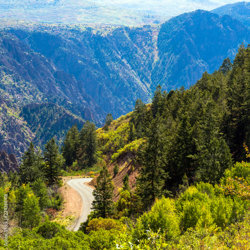 In Black Canyon of the Gunnison National Park in Colorado, East Portal Road descends in a steep, winding route to the Gunnison River