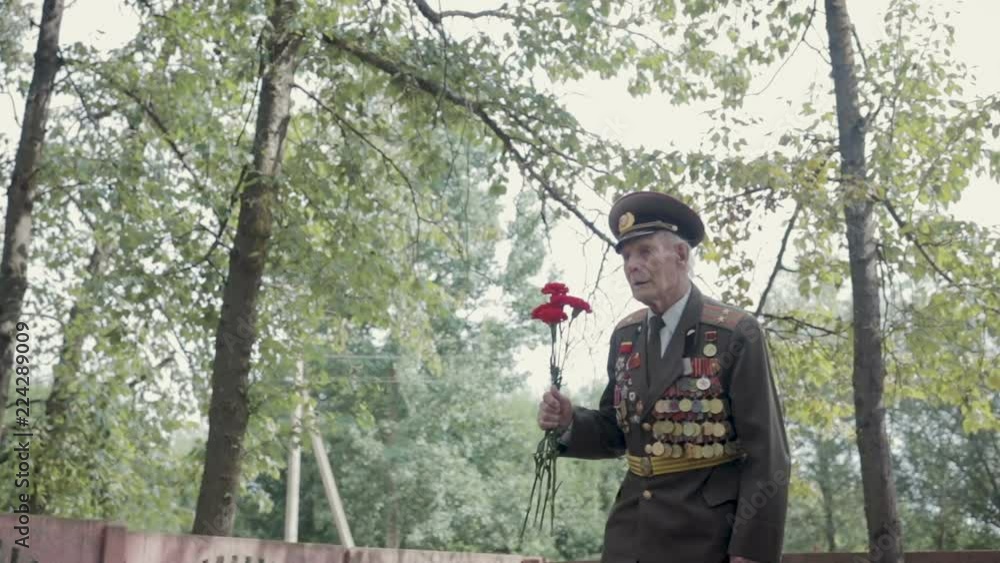 An elderly gray-haired veteran of the great Patriotic war and world war II in uniform with many badges and orders goes to the monument. Grandpa is in the hands of red carnations. Steadicam shot An elderly gray-haired veteran of the great Patriotic war and world war II in uniform with many badges and orders goes to the monument. Grandpa is in the hands of red carnations. Steadicam shot