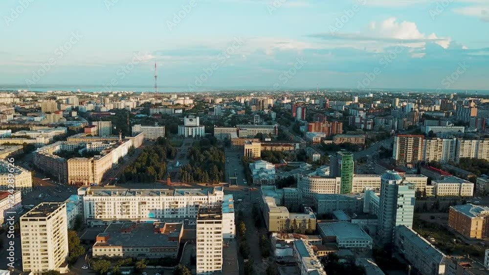 Drone flight over the main pedestrian street, sunny weekend evening in the family rest area, city center of the South Ural capital, Chelyabinsk, Russia Drone flight over the main pedestrian street, sunny weekend evening in the family rest area, city center of the South Ural capital, Chelyabinsk, Russia