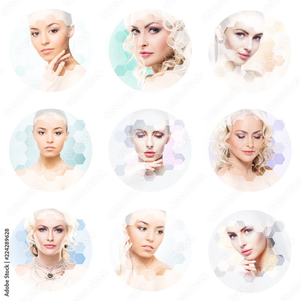 Collage of female portraits. Healthy faces of young women. Spa, face lifting, plastic surgery collage concept. Collage of female portraits. Healthy faces of young women. Spa, face lifting, plastic surgery collage concept.