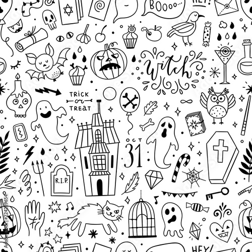 Halloween seamless pattern design. Background with cute outline Halloween party illustrations: witchcraft, pumpkins, ghosts, magic objects