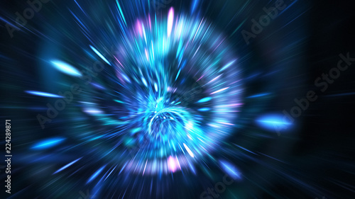 Abstract holiday background with blurred rays and sparkles. Beautiful blue light effect. Digital fractal art. 3d rendering.