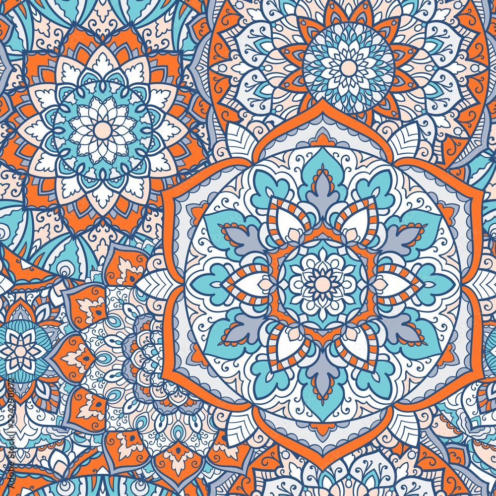 Seamless mandala pattern for printing on fabric or paper. Hand drawn background. Colorful, bright print.