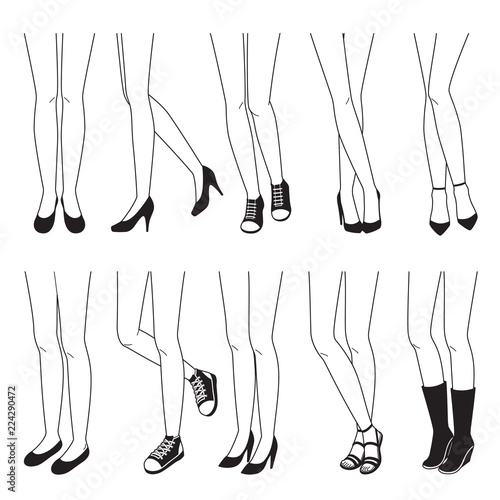 Outline Of Women’s Legs With Different Types Of Shoes, Women Standing, Footwear, Fashion, Objects