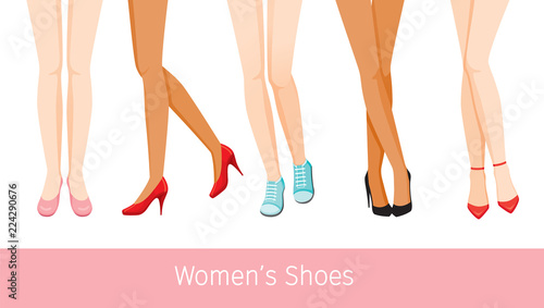 Women’s Legs With Different Skin And Types Of Shoes, Women Standing, Footwear, Fashion, Objects