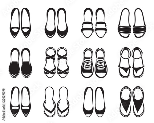 Set Of Different Types Of Women's Shoes Pair, Monochrome, Top View, Footwear, Fashion, Objects