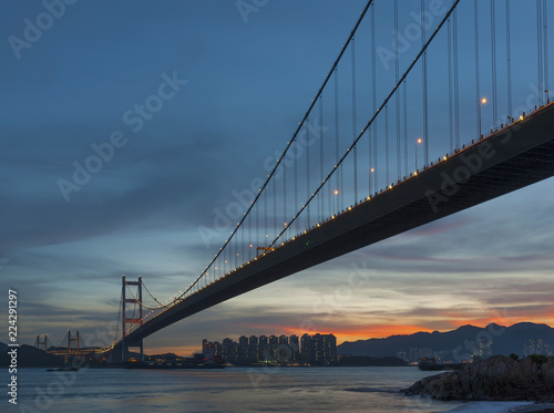 Tsing Ma bridge in Hong Kong under sunset