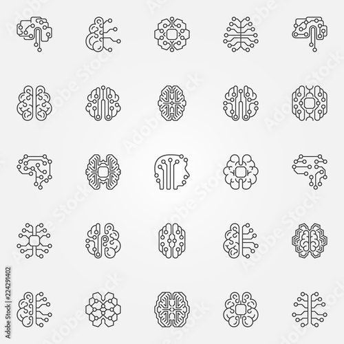 Digital Brain outline icons set. Cyberbrain vector line symbols