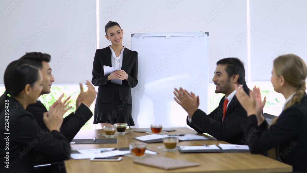 Business girl explaining about her project and everyone in meeting room agree her. Business girl explaining about her project and everyone in meeting room agree her.