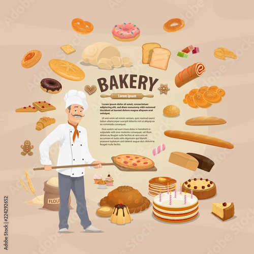 Bakery shop, baked pastry and baker