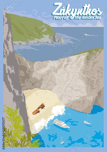 Travel poster vectors illustrations with vintage style from Greek, Zakynthos island in the Ionian Sea