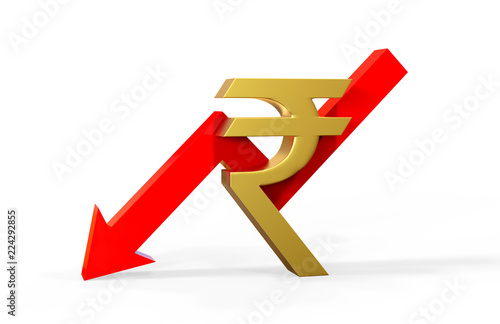 Decrease in rupee value concept, golden rupee sign with a declining arrow, 3d illustration