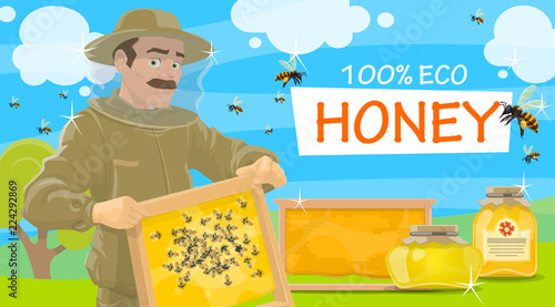 Beekeeper offers natural honey, vector
