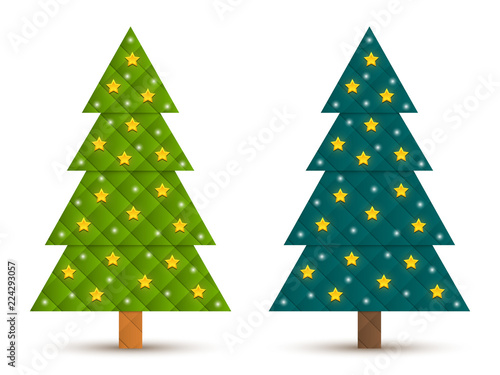Set 5 of abstract geometric decorated coniferous trees with stars. Two shades of green. Vector EPS 10