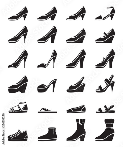 Set Of Different Types Of Women's Shoes, Monochrome, Side View, Footwear, Fashion, Objects