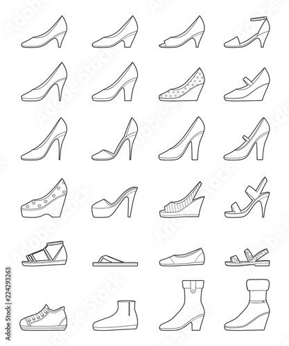 Set Of Different Types Of Women's Shoes, Outline, Side View, Footwear, Fashion, Objects