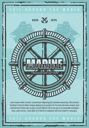 Marine transportation retro poster with big helm