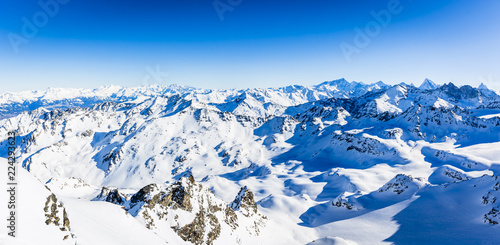 Winter panorama landscape from Mont Fort and famous Matterhorn, Dent d'Herens, Dents de Bouquetins, Weisshorn; Tete Blanche in the background, Verbier, 4 Valleys, photo