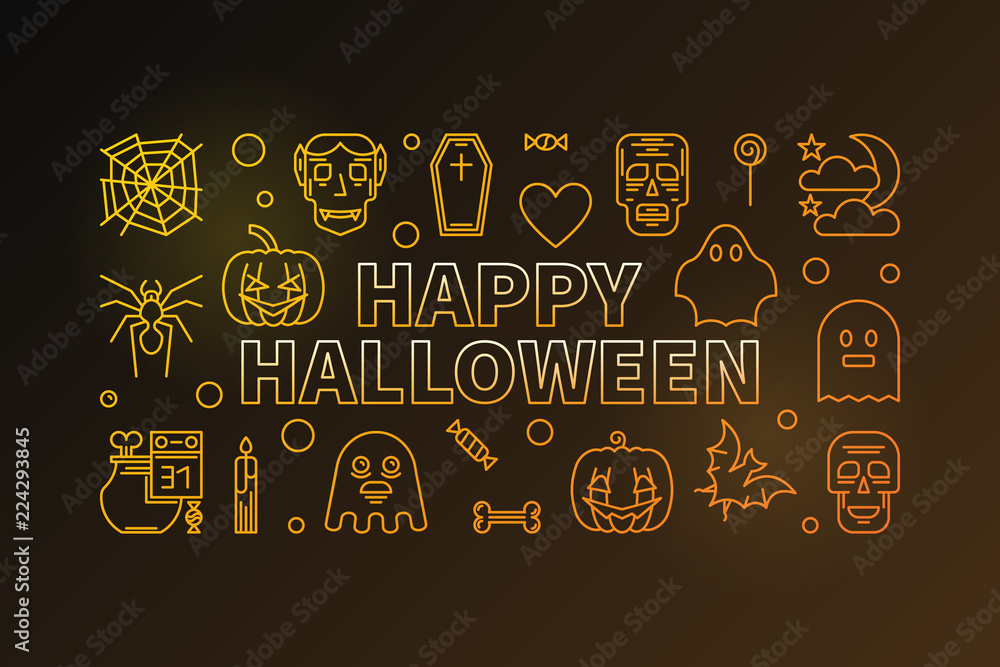 Happy Halloween vector colored outline horizontal banner