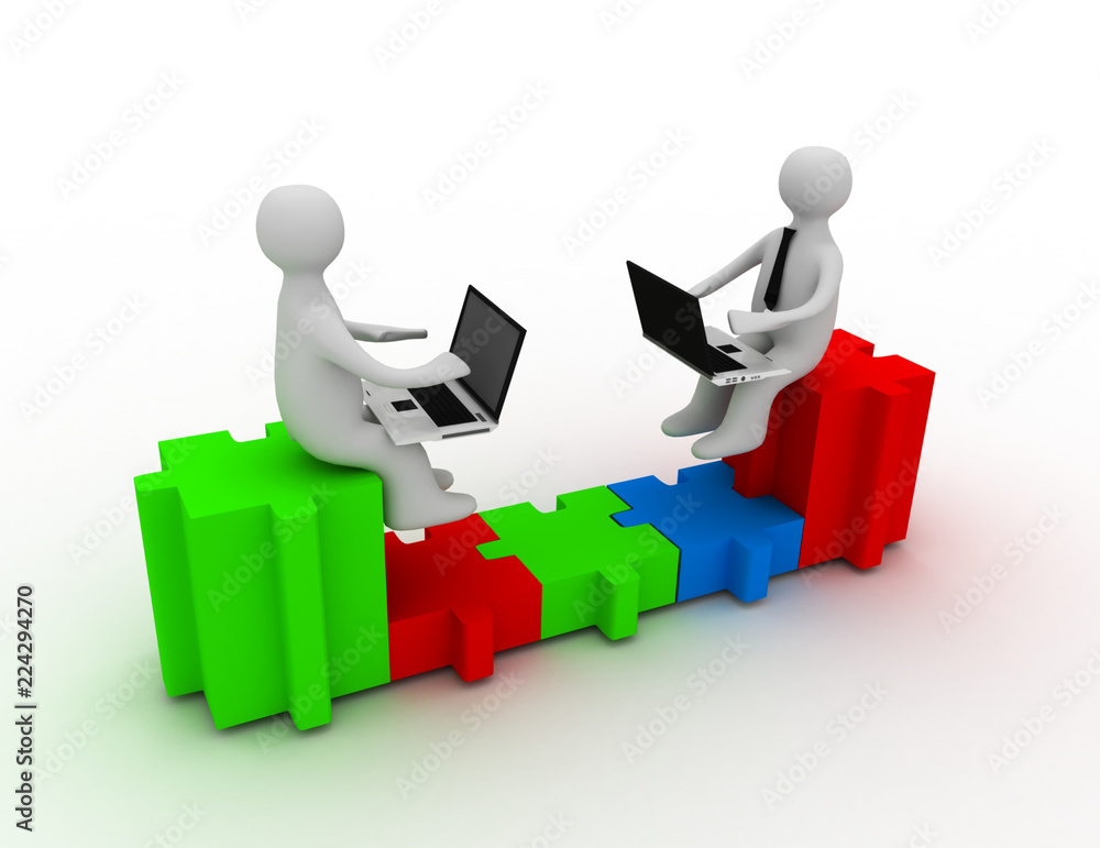 Two people with laptops sitting on puzzle pieces, are connected Two people with laptops sitting on puzzle pieces, are connected