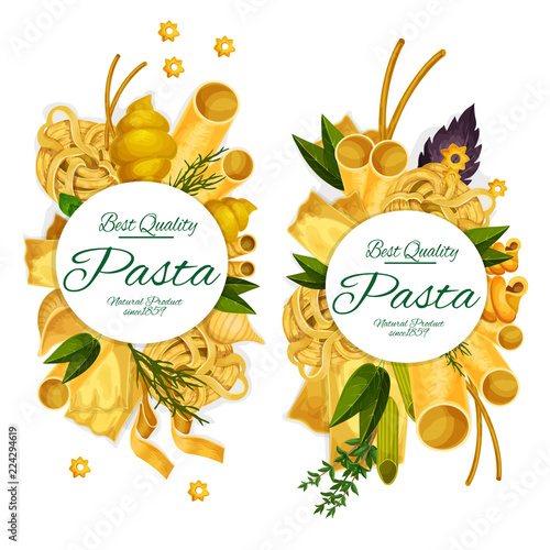 Pasta macaroni and spaghetti round vector poster