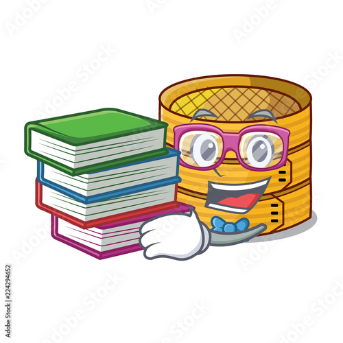 Student with bookStudent with book wooden steamed food container on cartoon