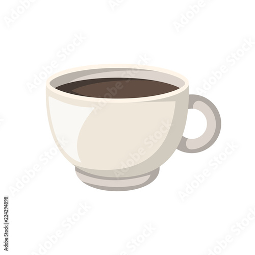 Vector cartoon illustration with isolated teacup and brown tea. Vector tea time or ceremony icon. Isolated ceramic cup on white background. Hot warm beverage. Traditional english drink