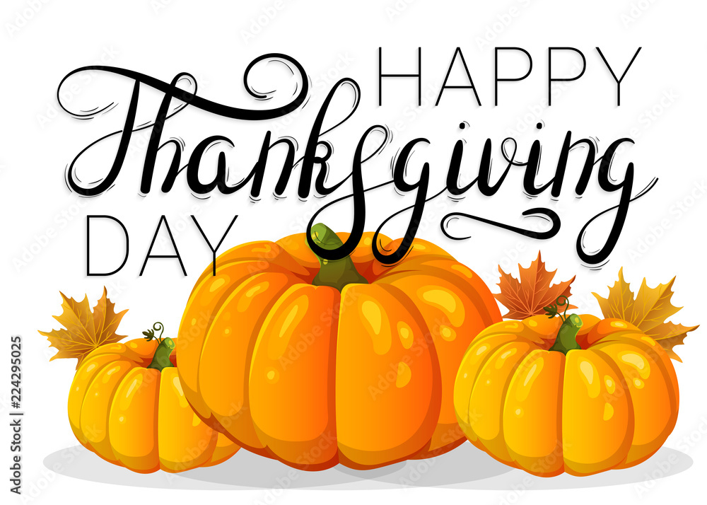 Happy Thanksgiving Day. Pumpkins and maple leaves Happy Thanksgiving Day. Pumpkins and maple leaves