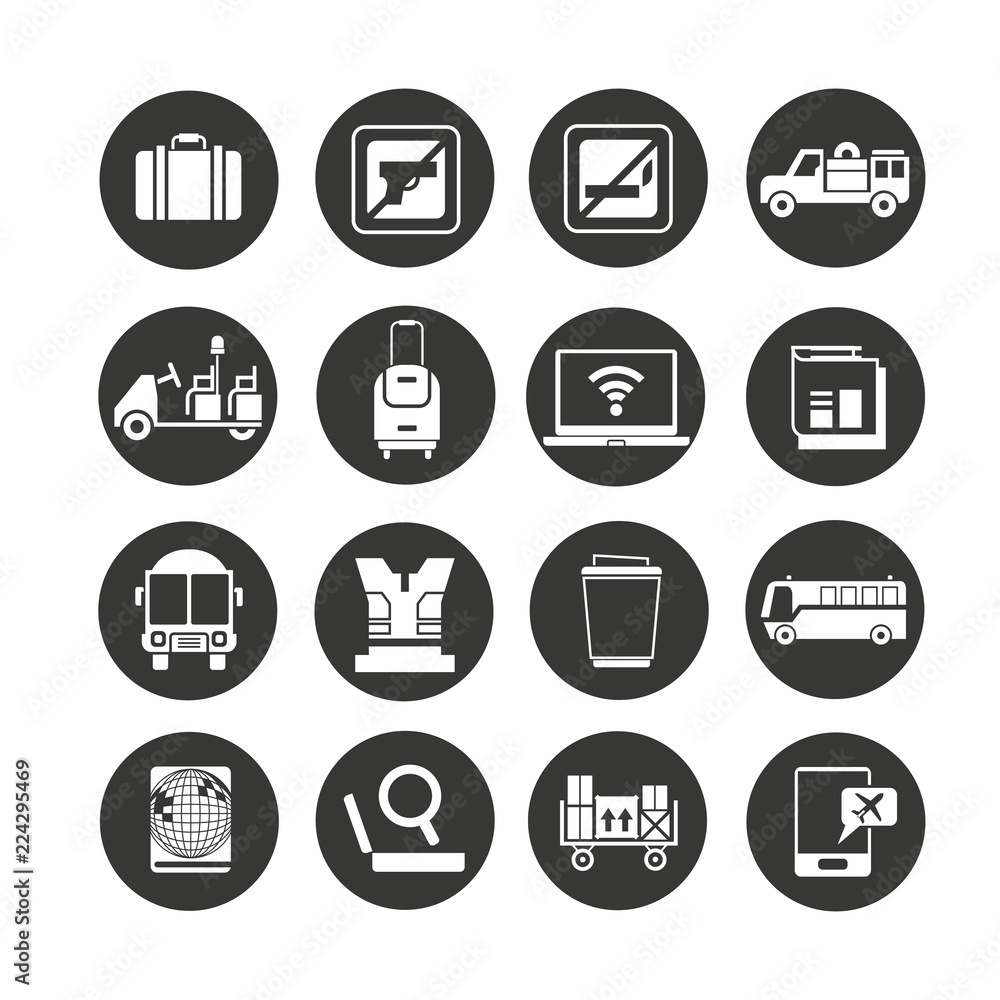 airport icon set in circle buttons