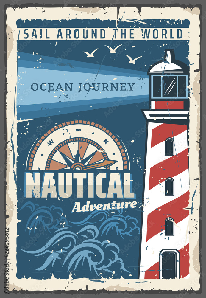 Obraz premium Beacon lighthouse vector nautical retro poster