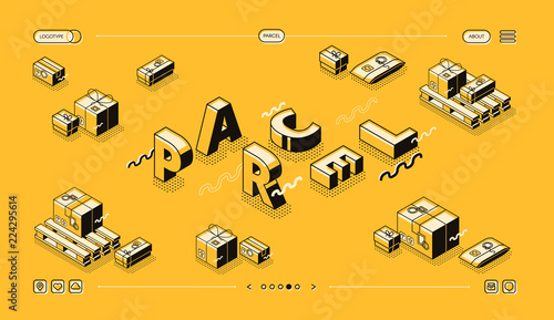 Parcels delivery and post mail logistics vector illustration in thin line word letters design. Package boxes with postage stamps in warehouse pallets on halftone yellow background