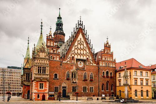 Morning scene on Wroclaw Market Square with Town Hall. Cityscape in historical capital of Silesia  Poland  Europe