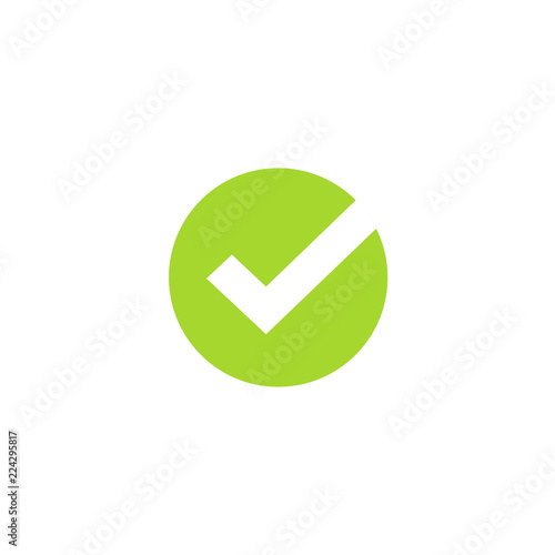 Tick icon vector symbol, green checkmark isolated on white background, checked icon or correct choice sign in round shape, check mark or checkbox pictogram