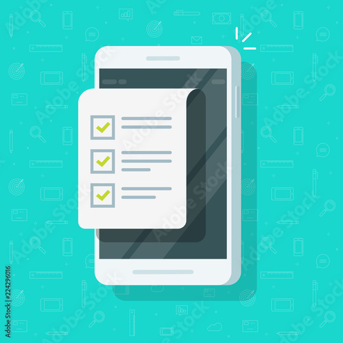 Mobile phone and checklist vector illustration, flat cartoon smartphone display with document and to do list with checkboxes, concept of survey, online quiz, completed things or done test, feedback