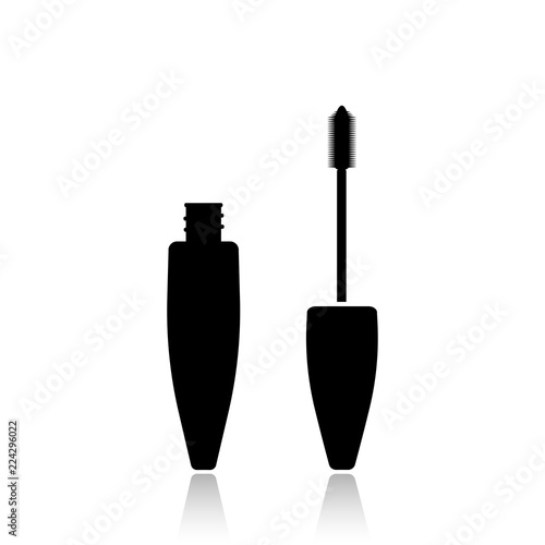 Vector illustration of mascara brush and bottle for make up eyes. Black silhouette on a white background