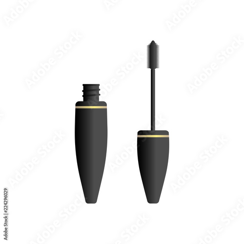 Vector illustration of mascara volume brush and bottle for make up eyes in black color with gold details