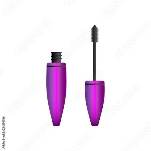 Vector illustration of mascara volume brush and bottle for make up eyes in pink color with black details
