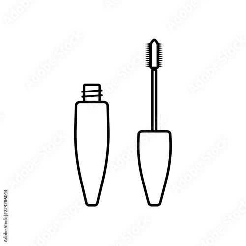 Vector illustration of mascara volume brush and bottle for make up eyes in white color with black line details