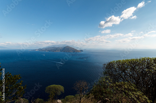 Beautiful aerial view of Napoli gulf from Capri island  with boat trails on the water