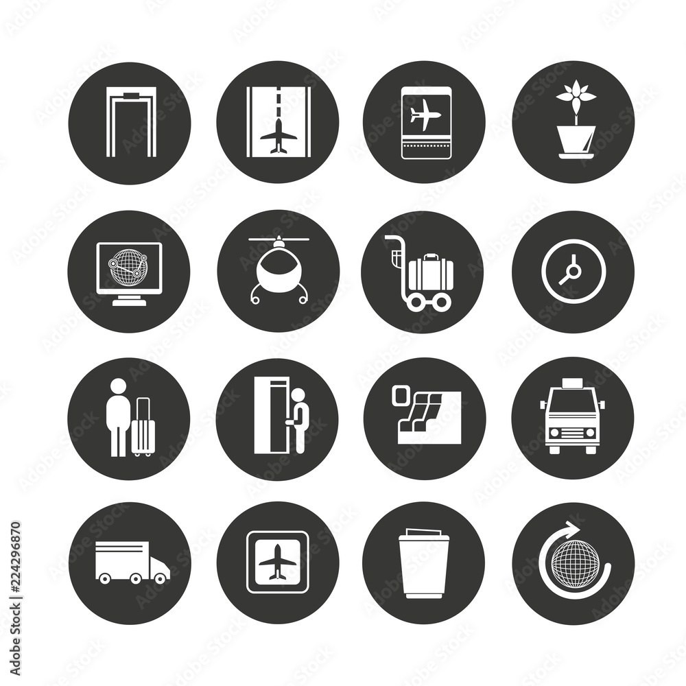 airport icon set in circle buttons