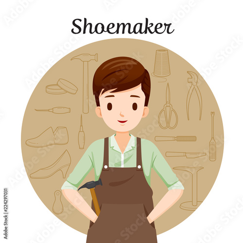Shoemaker With Outline Icons Set Of Shoes Repair Tool And Accessories, Footwear, Fashion, Objects, Occupation, Profession, Working