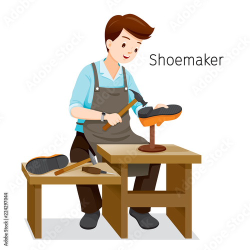 Shoemaker Repairing Man Shoes, He Hammering Nail On Shoe Heel, Footwear, Fashion, Objects, Occupation, Profession, Working