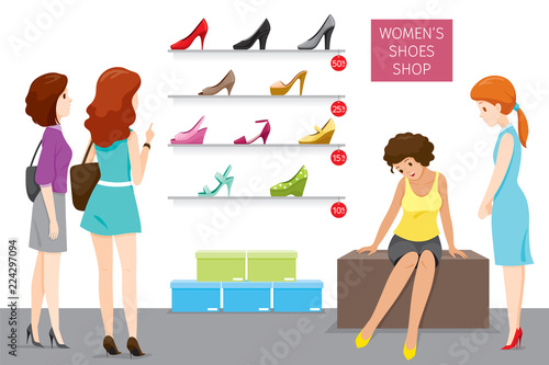 Women’s Shoes Shop With Saleswoman And Customers, Footwear, Fashion, Objects, Occupation, Profession, Working