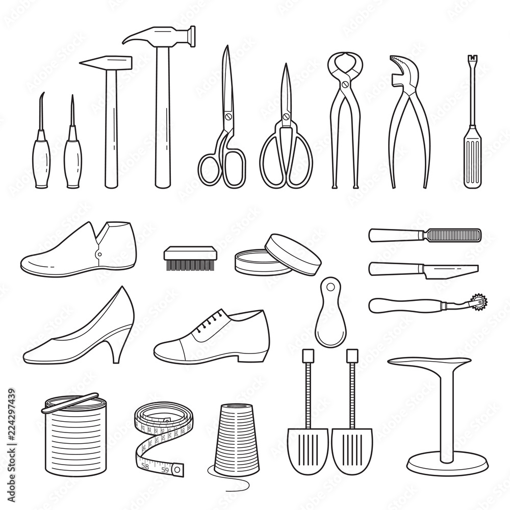 Set Of Shoes Repair Tools And Shoes Accessories Outline Footwear set-of-shoes-repair-tools-and-shoes-accessories-outline-footwear
