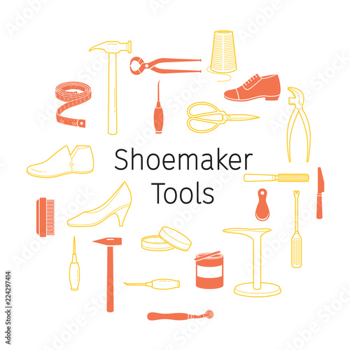 Outline Icons Set Of Shoes Repair Tools And Shoes Accessories, Footwear, Fashion, Objects